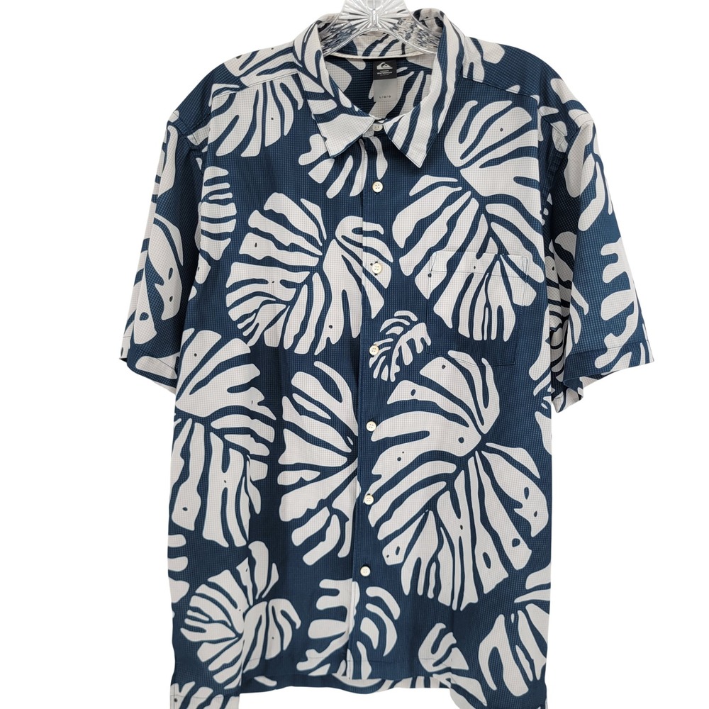 Quiksilver Waterman Collection Mens Large Blue Monstera Leaf Print Button Shirt